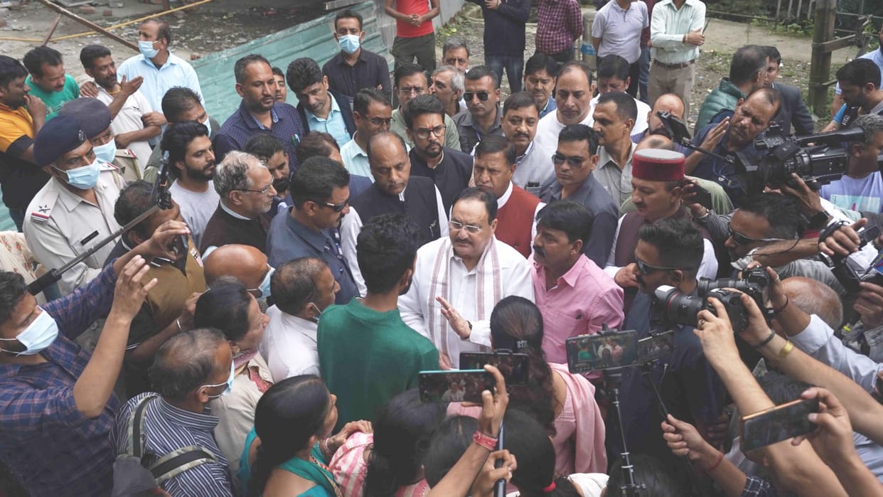 BJP Chief JP Nadda take stock of the devastation caused by heavy rains and floods in Sirmour Shimla Bilaspur