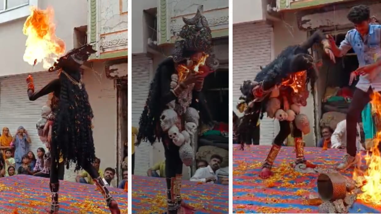 Mandsaur: An artist performing the game of spitting fire in the royal palanquin was burnt to death by a mask