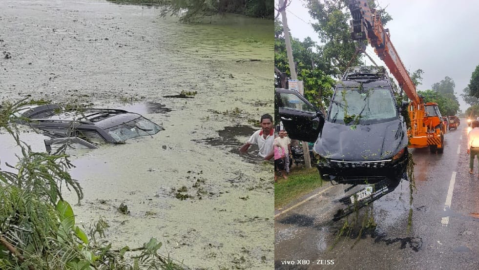 Accident in Hardoi, Bike collided strongly then car fell into pond, both drivers seriously injured