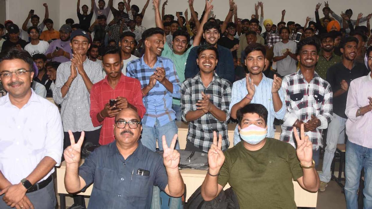 People dance in Ludhiana on the successful landing of Chandrayaan 3