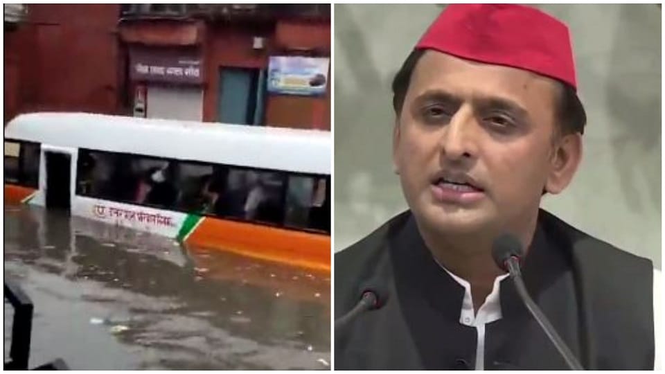former cm akhilesh yadav tweets on agra rain roadways in rain water slams bjp works
