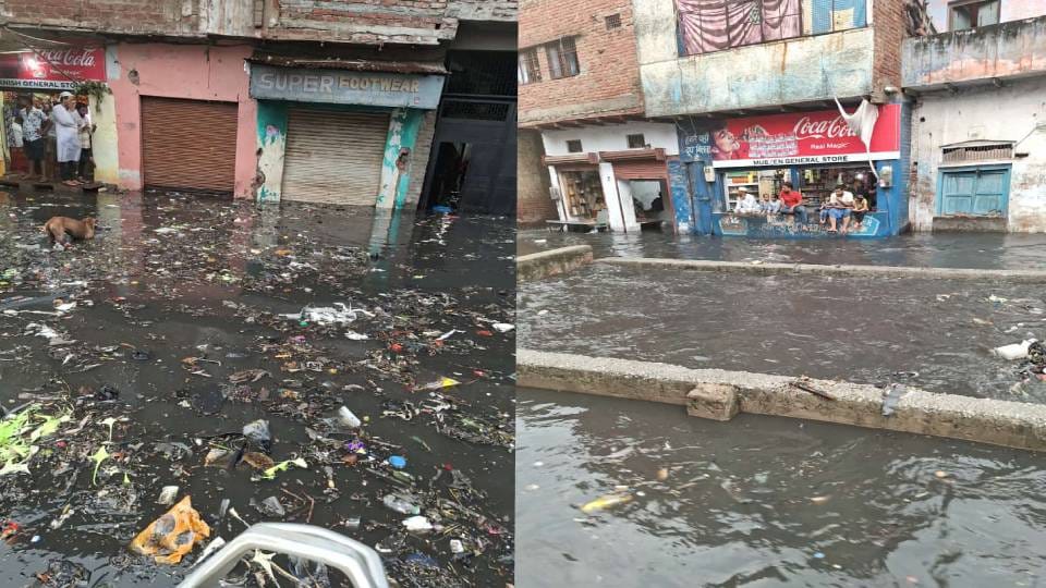 Torrential rain in Agra flooded roads streets houses and shops