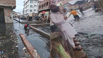 Torrential rain in Agra flooded roads streets houses and shops