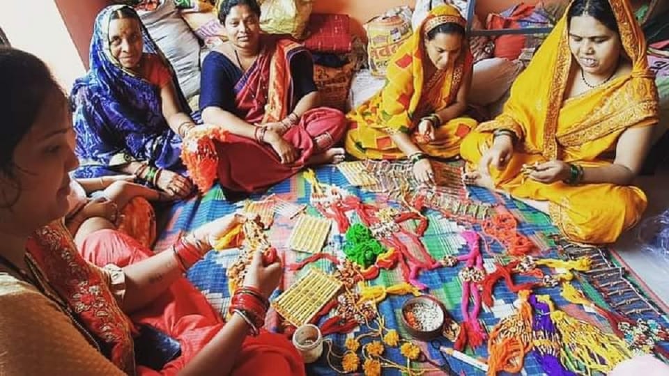 Rural women preparing attractive rakhis