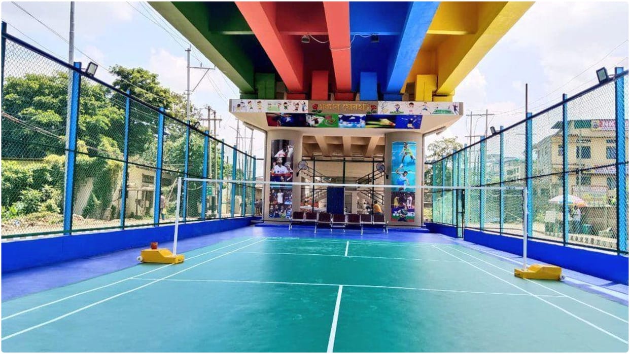 Badminton court under flyover in Assam sides of the court have been cordoned off with wire nets