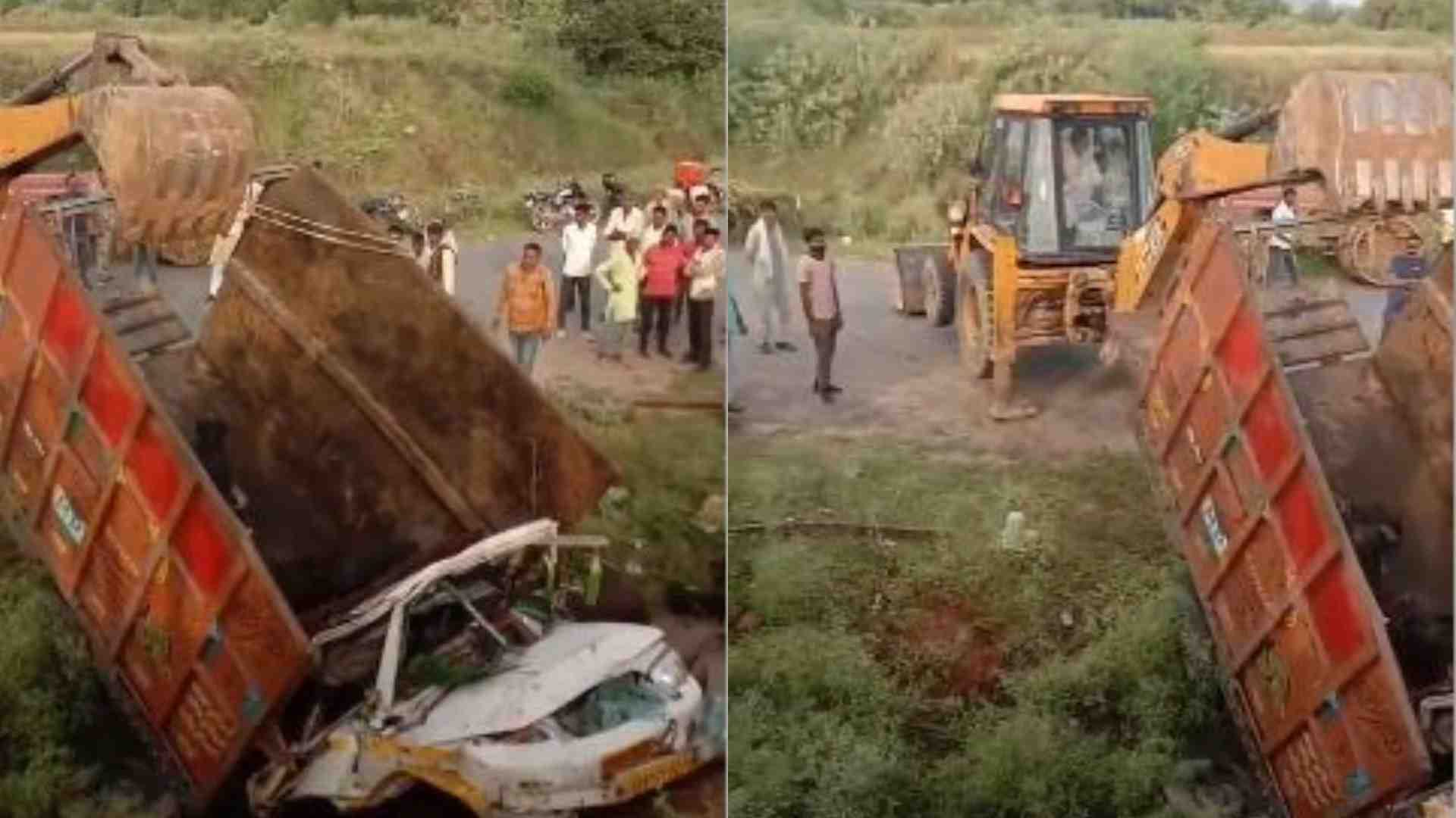 हादसे के बाद पलटी पिकअप गाड़ी।