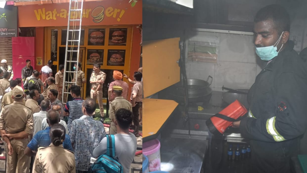 Fire broke out in kitchen of a burger shop in Hazratganj in Lucknow.