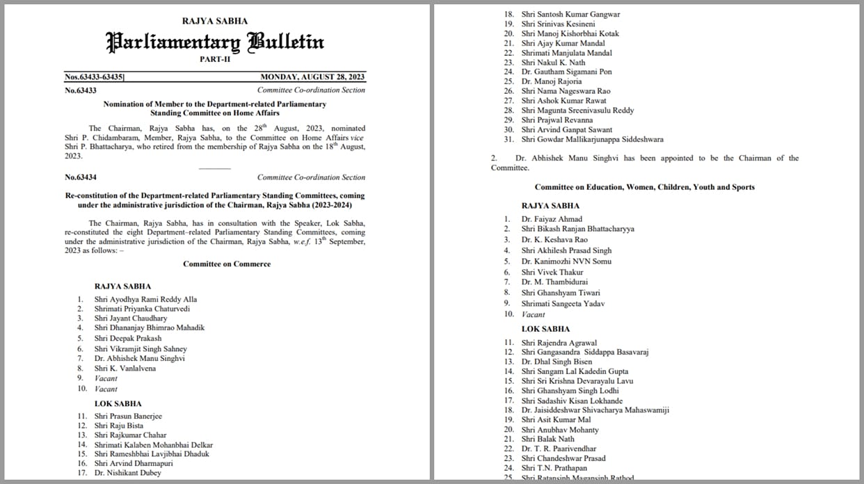 Rajya Sabha Chairman has re-constituted the eight Department–related Parliamentary Standing Committees