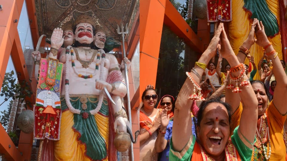 Sisters tied eco-friendly rakhi on Hanuman ji wrist at Hanumant Dham in chandigarh