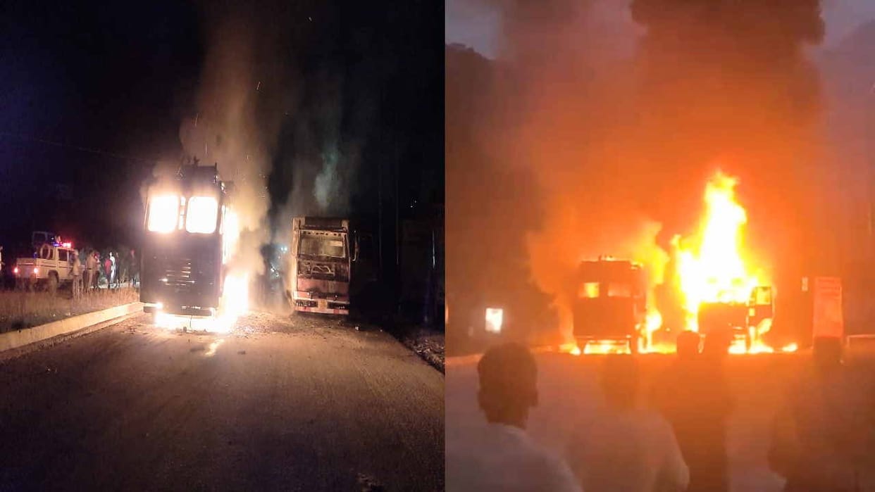 Fire broke out in a vehicle loaded with cylinders, three trucks burnt to ashes in mandi hp