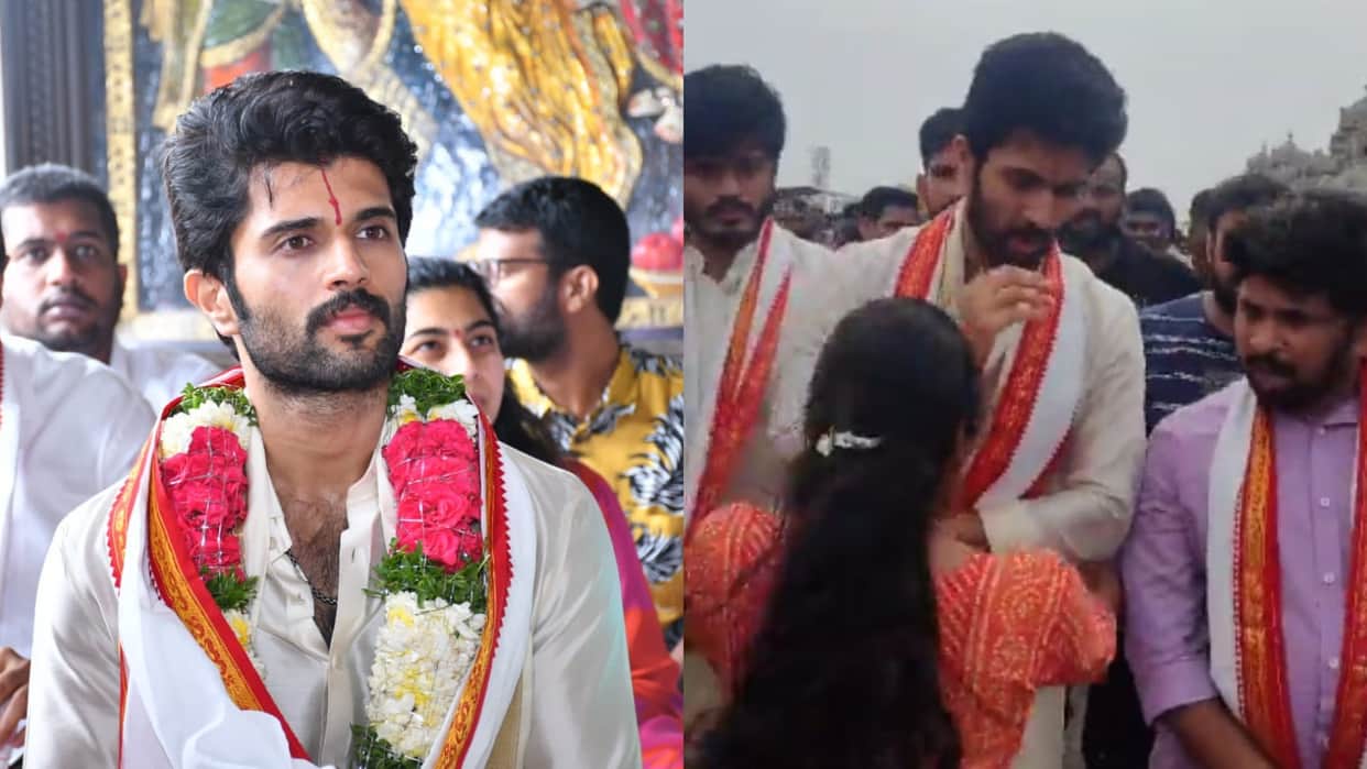 Vijay Deverakonda Kushi actor Visit Yadadri Temple Telangana get surrounded by fans female hold him by waist