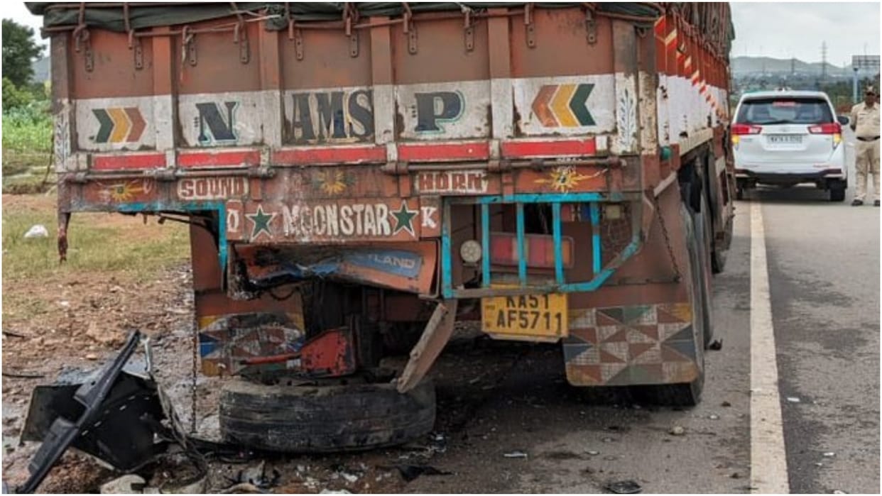 Car collides with truck parked on roadside in Chitradurga Karnataka
