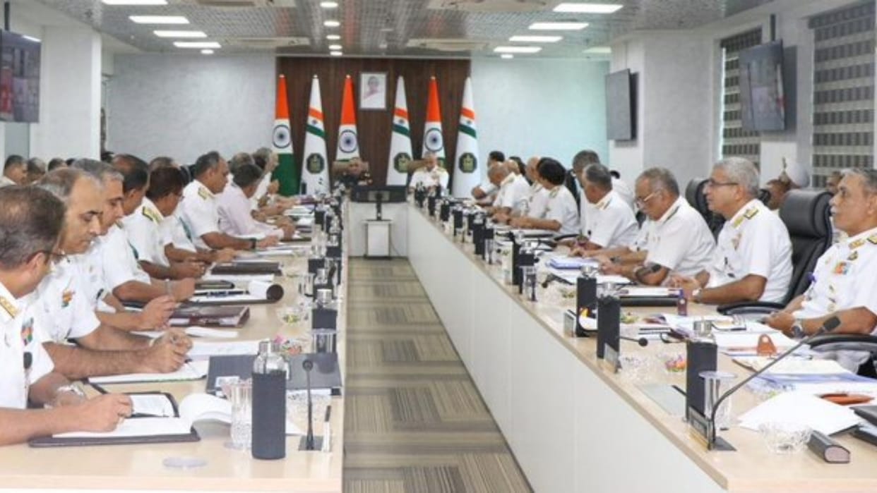 Army Chief General Manoj Pande talks with Navy commanders in Commanders conference