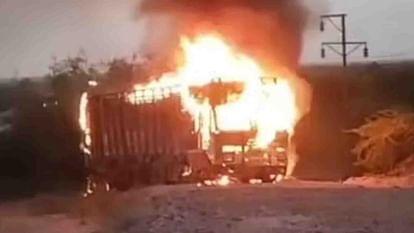 Truck caught fire after hitting a stone near Devikot area of Jaisalmer