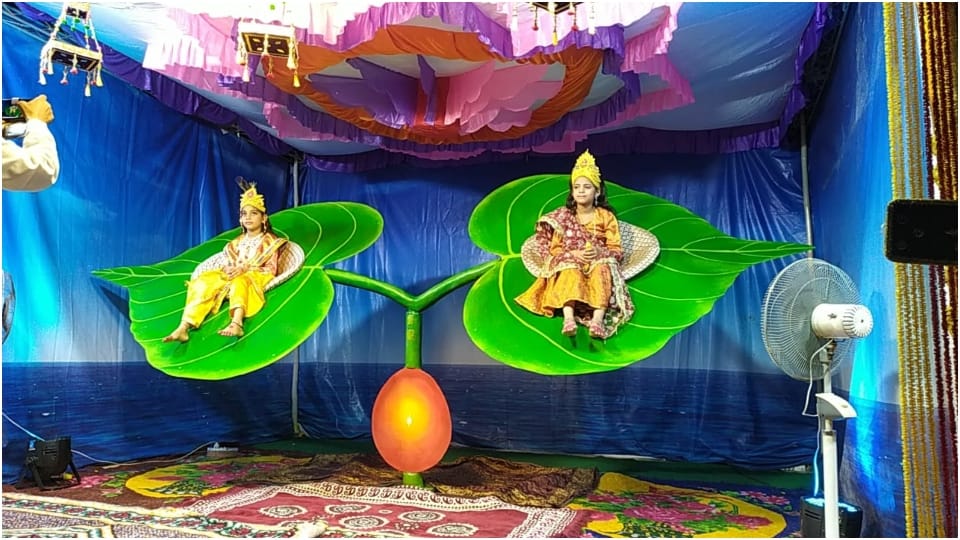 Illustration of various pastimes of Bal Gopal in Abu Road Brahmakumari Sansthan