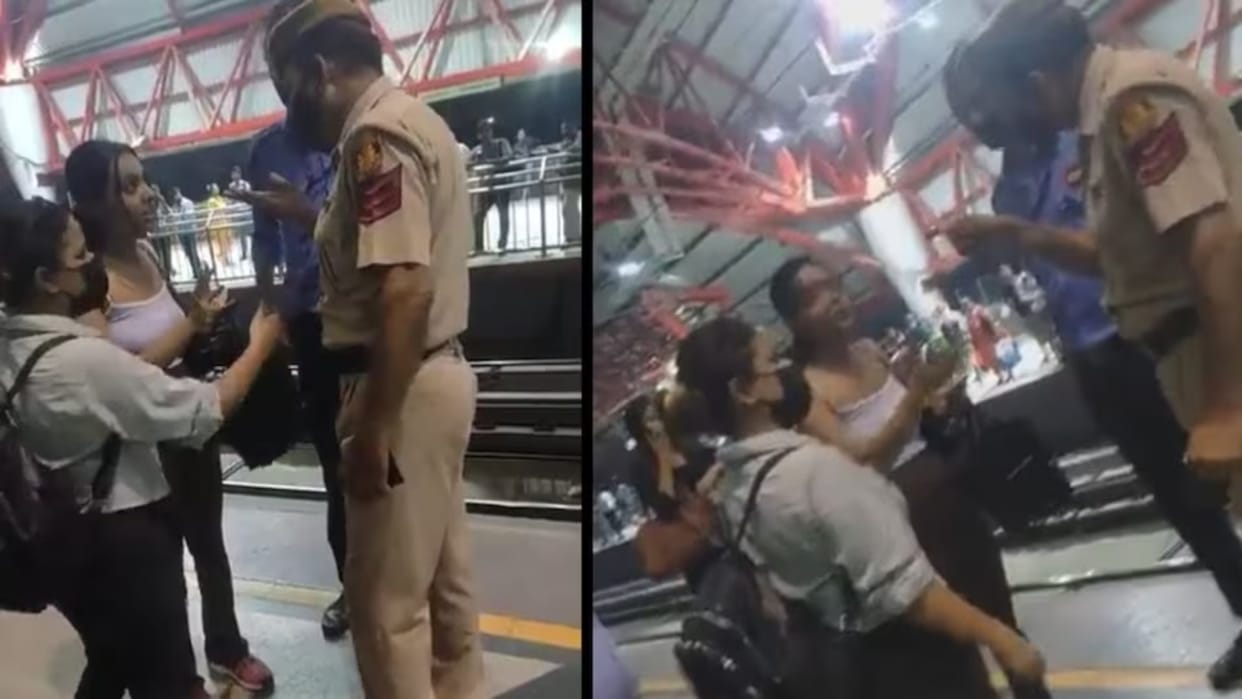 delhi metro girl fight with police officer on platform watch viral video
