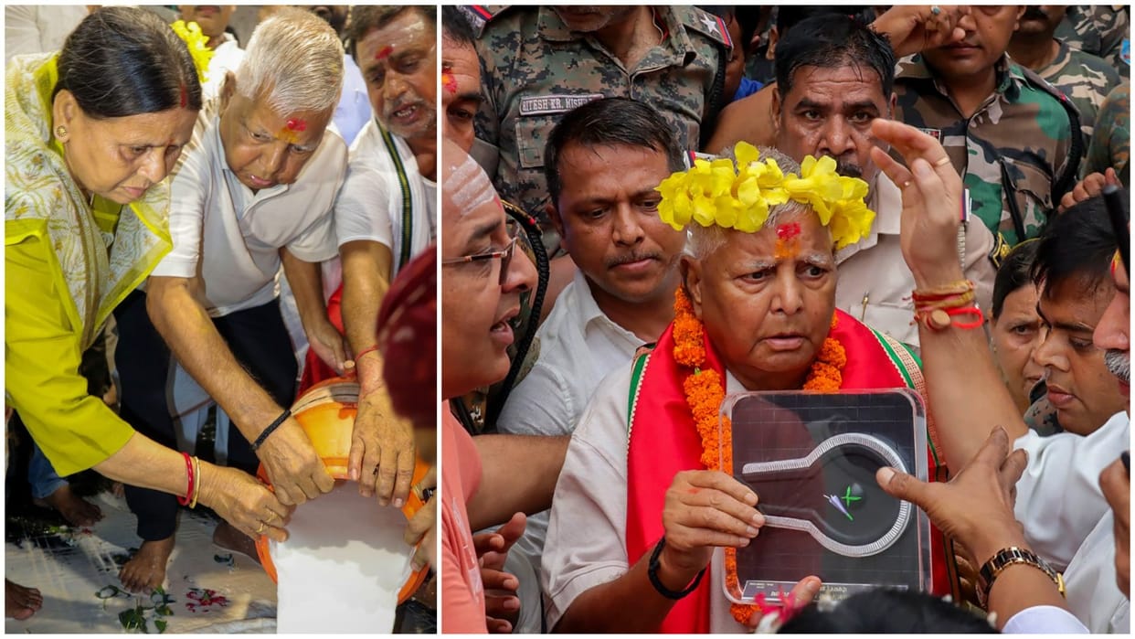 RJP leader Lalu Prasad Yadav along with his wife Rabri Devi visits and offers prayer at Baba Baidyanath Dham