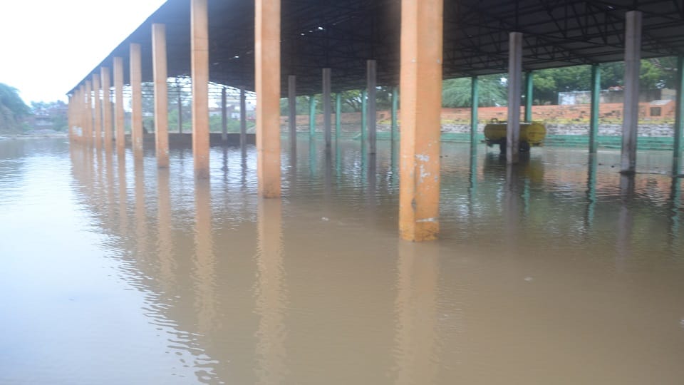 Preparations exposed, pandal filled with rain water