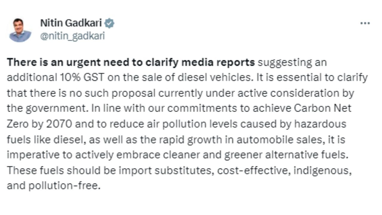 Union Minister Nitin Gadkari proposes 10 percent additional GST on diesel vehicles as pollution tax