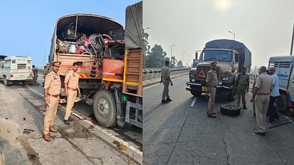 Ayodhya: पीएसी वाहन में डीसीएम ने मारी जोरदार टक्कर, प्रभारी सहित चार जवान घायल, लोहिया रेफर किया गया A DCM hits a PAC vehicle on national highway in Rudauli Ayodhya.