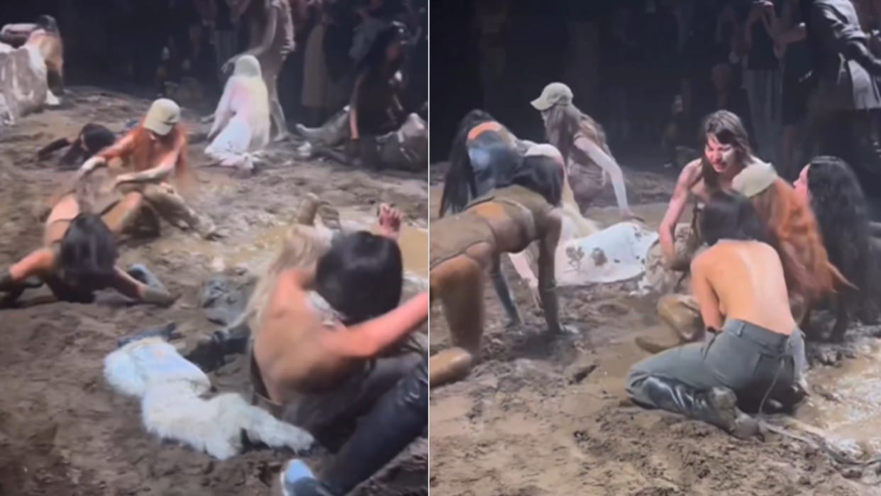New York Fashion Week Models engage in a 'mud fight' see video