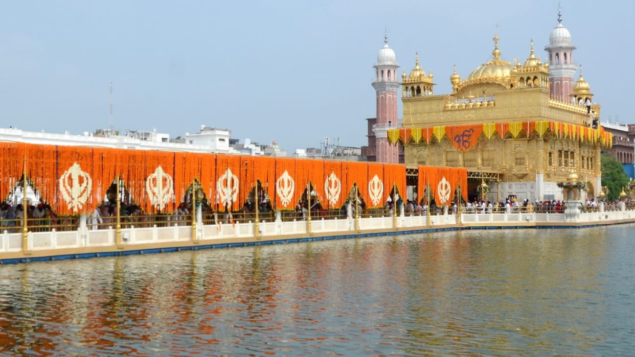 Sri Harmandir Sahib premises decorated with flowers on first Prakash Parv of Shri Guru Granth Sahib