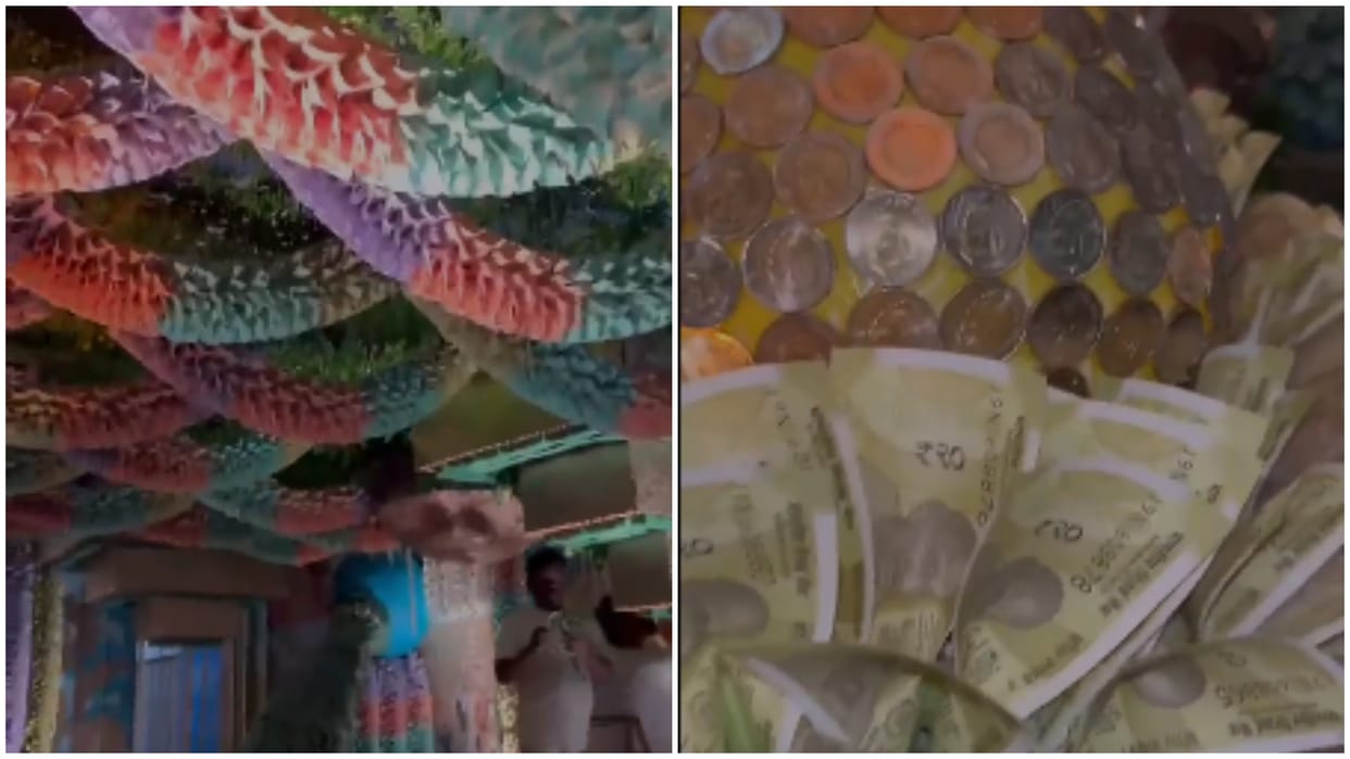 Karnataka Bengaluru Sri Sathya Ganapathi Temple premises decoration with Indian currency