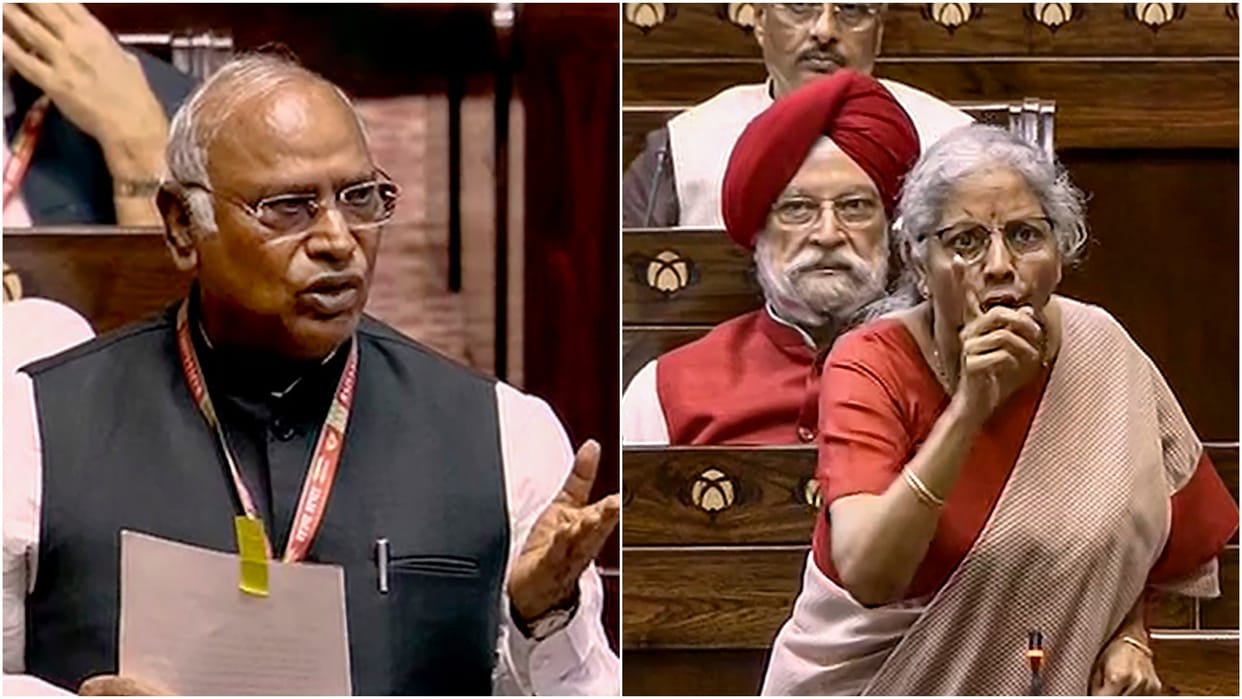 Special session of Parliament Heated debate between Mallikarjun Kharge Nirmala Sitharaman in Rajya Sabha