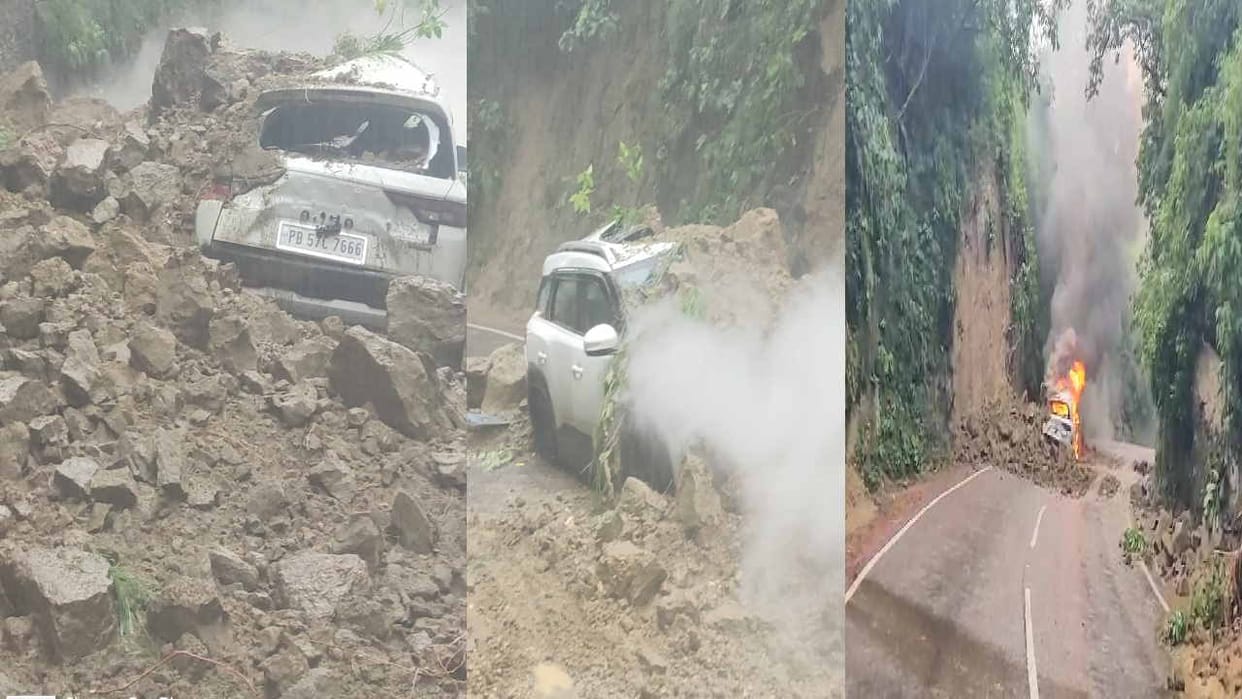 landslide on the car moving from the hill, fire broke out, the driver saved his life by running away
