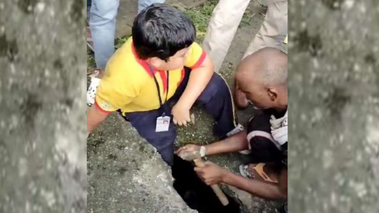 Lucknow: Child's leg stuck between broken stones of drain outside Mount Ford School