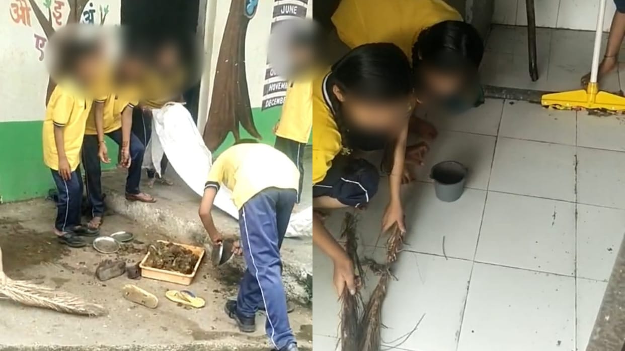 Mandsaur Children seen cleaning and sweeping bathroom in government school principal threatened on complaint
