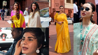 Tamannaah Bhatia Divya Dutta Hema Malini Mimi Chakraborty Visit New Parliament Laud Womens Reservation Bill
