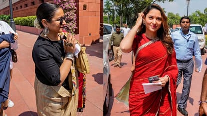 Tamannaah Bhatia Divya Dutta Hema Malini Mimi Chakraborty Visit New Parliament Laud Womens Reservation Bill