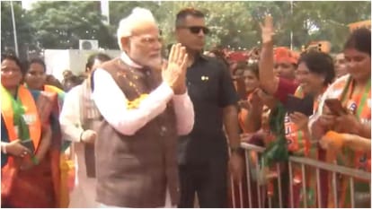 PM Modi felicitated at BJP headquarters women MPs and other representatives present Women quota bill