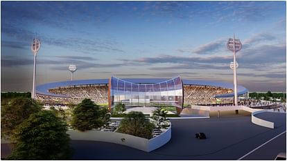 Varanasi Stadium Design and budget with trident floodlights Damru shaped Pavilion