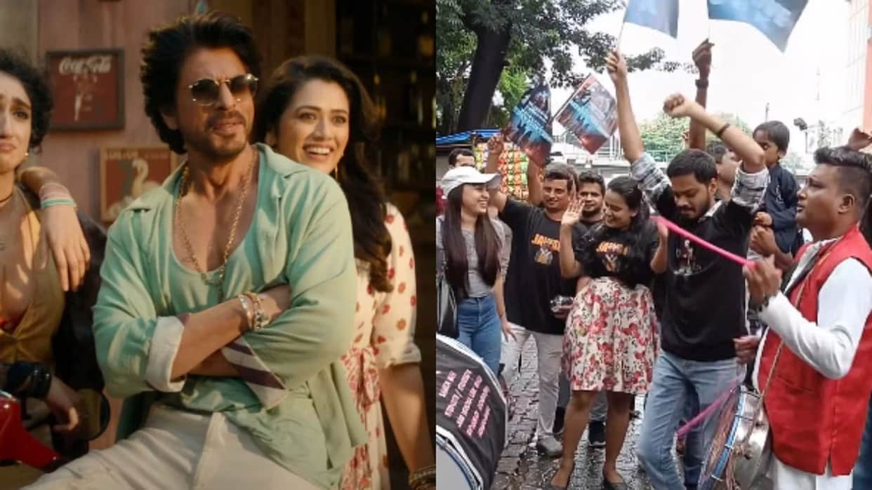 Shah Rukh Khan Fans dances on Dhol Beats Celebrate Jawan getting Closer To 1000 Crore Outside Mumbai Theatre