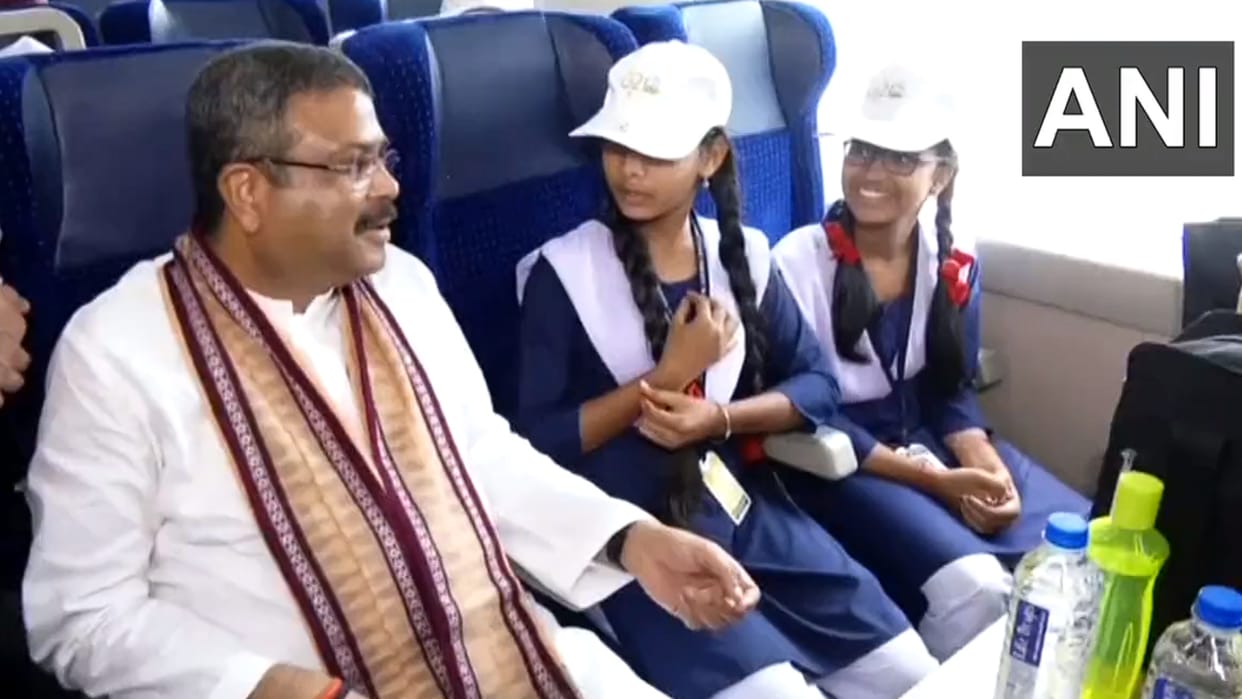 Education Minister Dharmendra Pradhan interacts with students on-board Odisha's second Vande Bharat Express