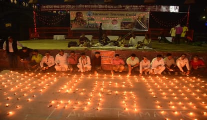 World Tourism Day Tilak and Aarti to the tourists in Varanasi Deep dan at Shastri Ghat illuminated