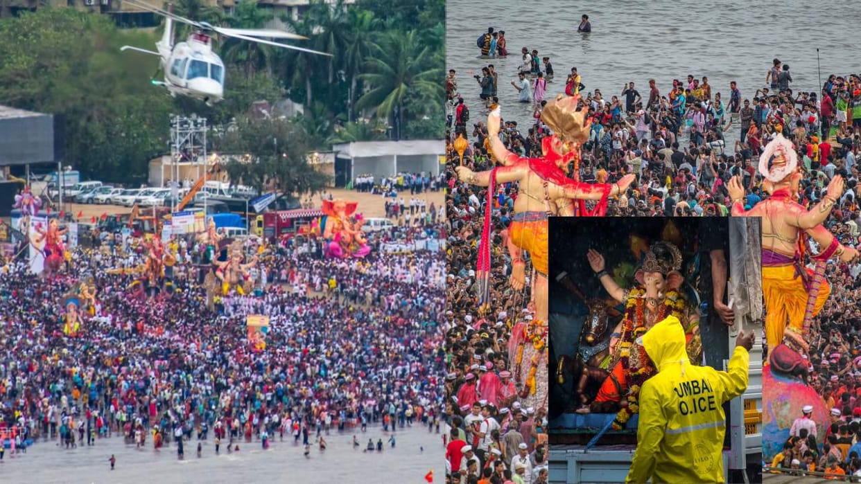 Devotees perform the immersion of Lord Ganesha idols at Juhu beach in Mumbai amid rainfall