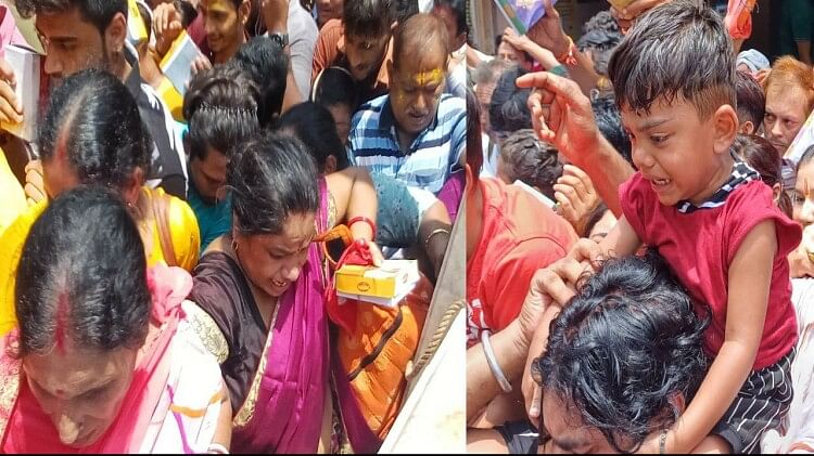 Crowd of devotees gathered for darshan at Banke Bihari temple in Vrindavan