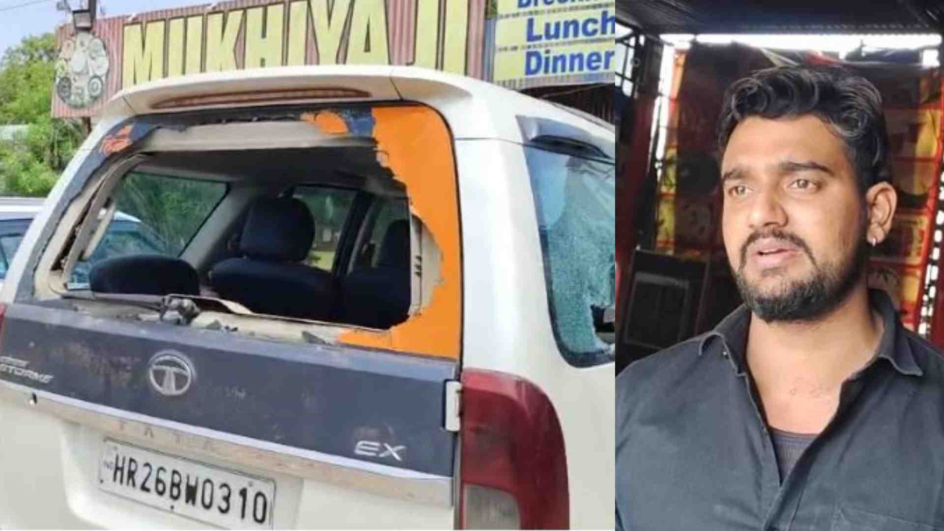 मामले की जानकारी देता पीड़ित ढाबा संचालक। गाड़ियों के टूटे शीशे।