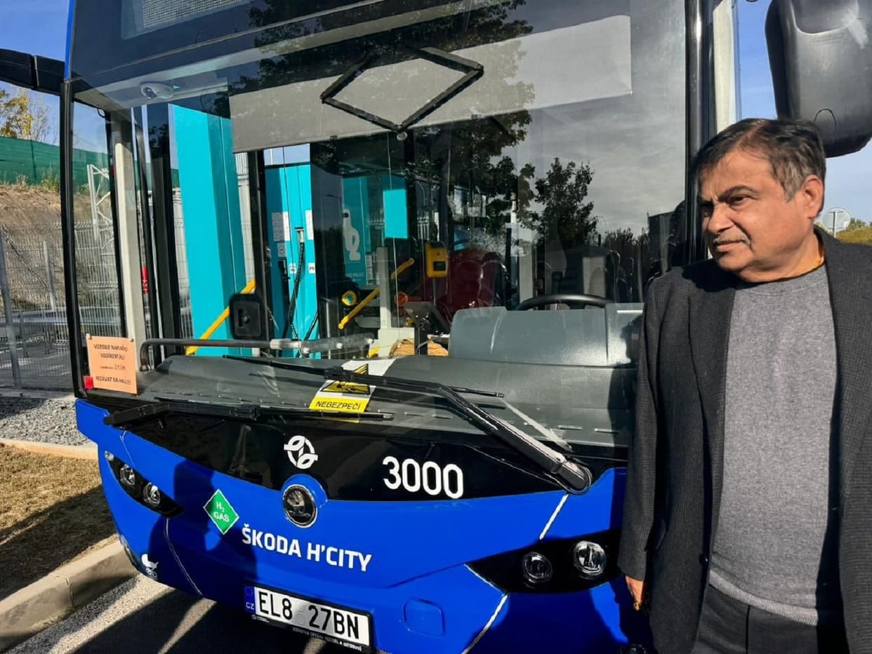 Union Minister Nitin Gadkari test drive Hydrogen Bus by Skoda in Prague Czech Republic
