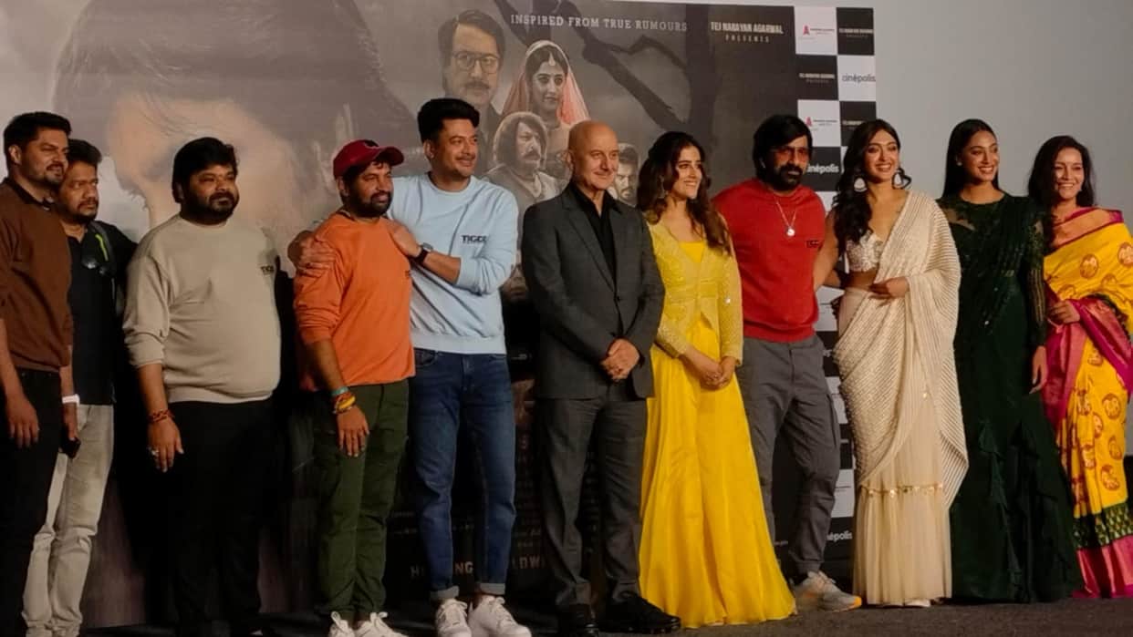 Tiger Nageswara Rao Trailer Launch Event Ravi Teja Nupur Sanon Anupam Kher Vamsi Talks about upcoming Film
