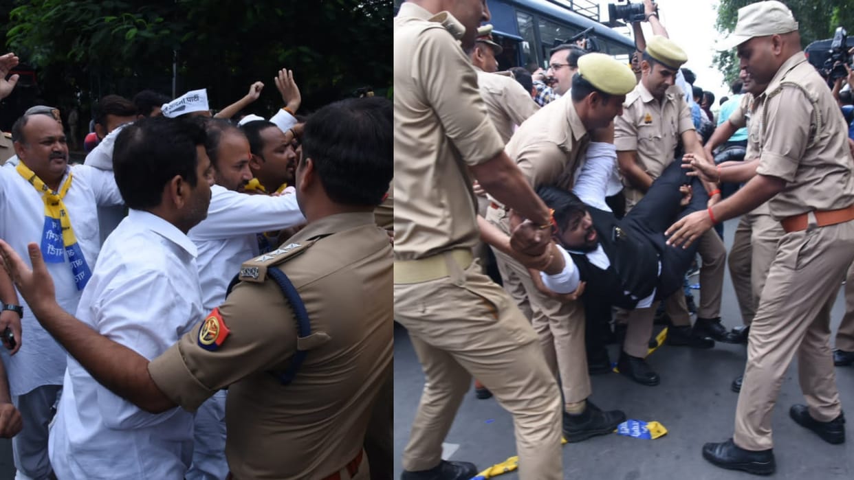 AAP activists protest against ED raid on MP Sanjay Singh.