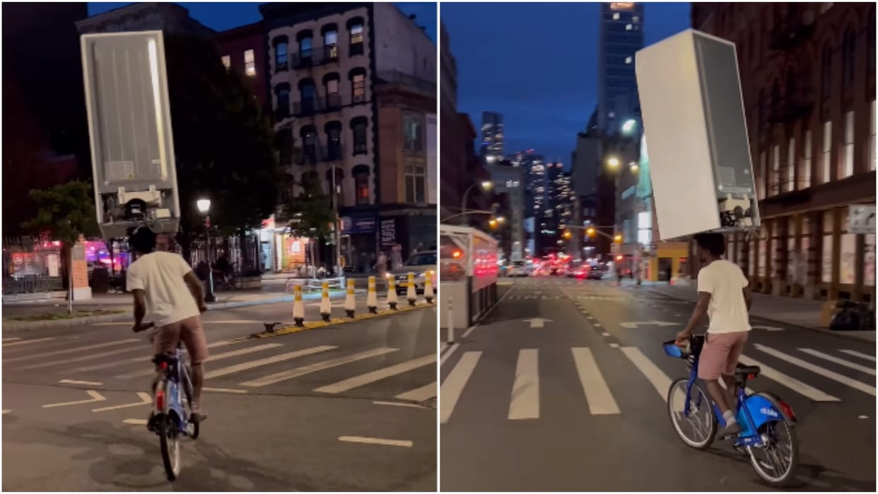 Video viral man carrying refrigerator on head while cycling in New York city