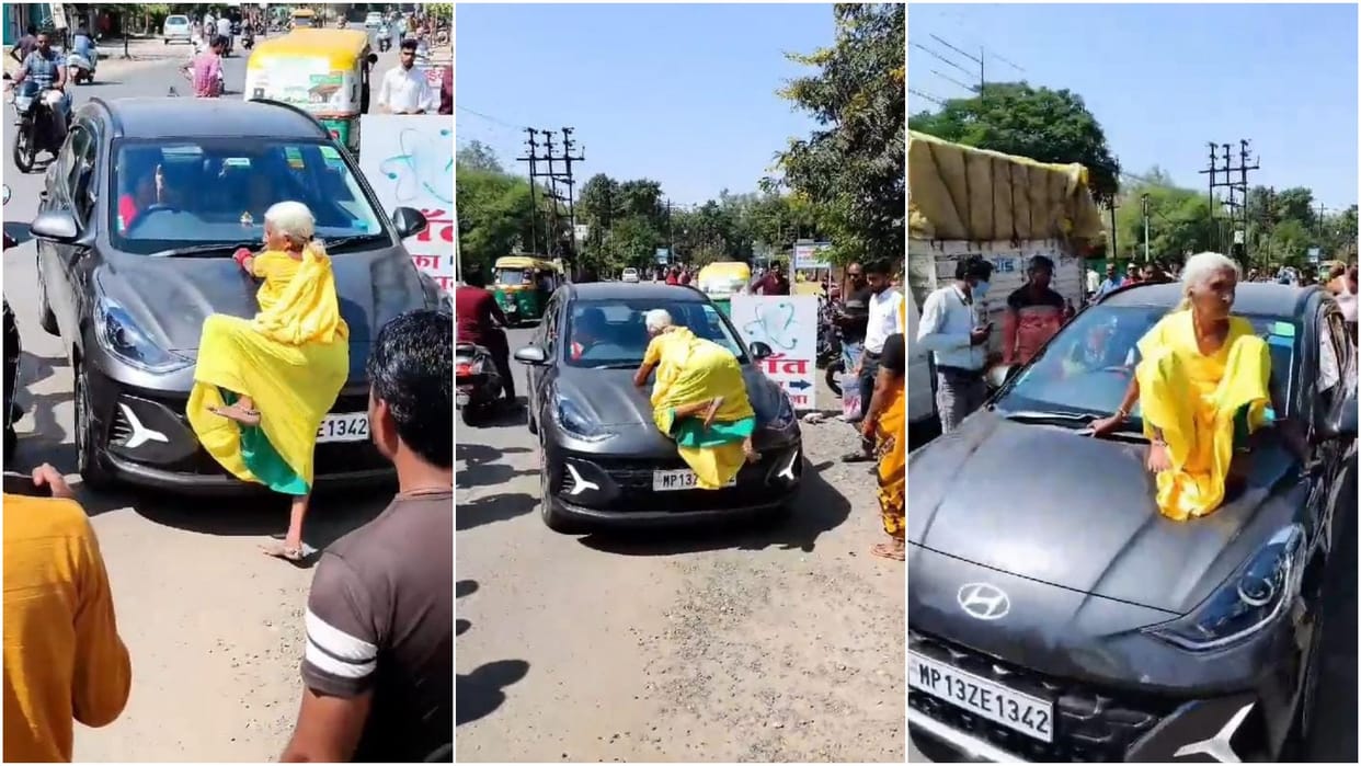 Elderly woman angry with daughter and granddaughter sitting on bonnet of a moving car in Ashok Nagar, Ujjain