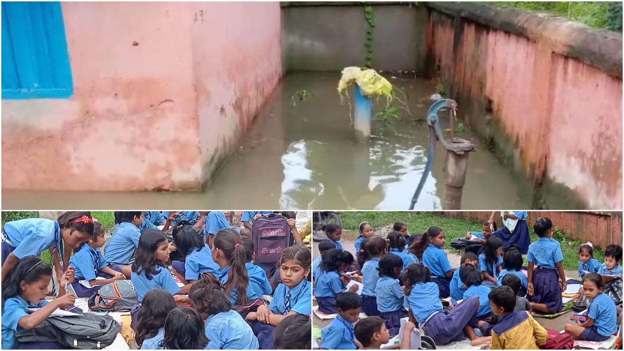 Rain water entered the Manjhagai school in Banka; Children forced to study on the road