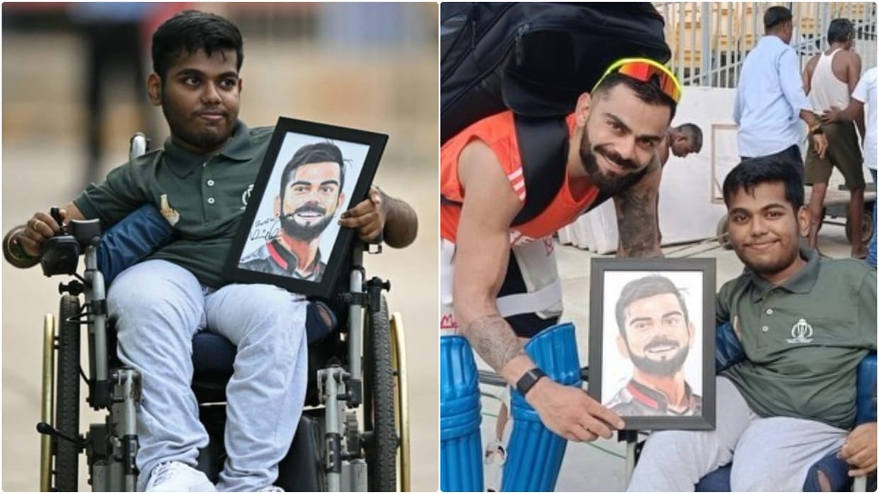 Virat Kohli disabled fan draw his Sketch team india players meet him before ODI wc 2023 match against Aus