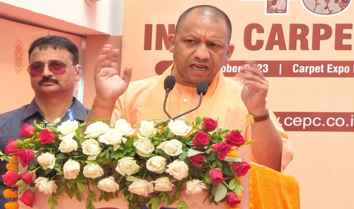 Our government talks less and works more CM Yogi Adityanath attack on opposition in Bhadohi Carpet expo
