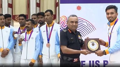 Indian Army chief General Manoj Pande felicitates personnel participated in the Asian Games